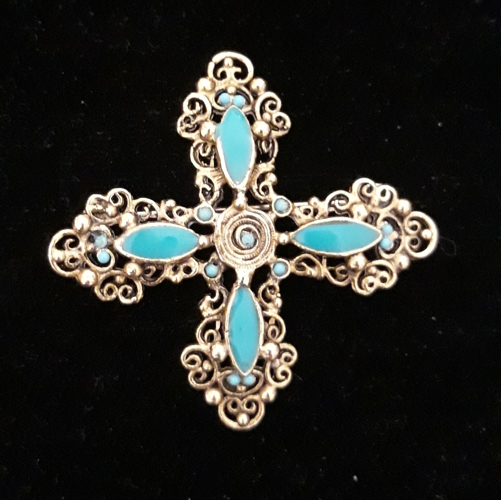 Vintage Filigree Cross with Enamel Accents Brooch or Pin - Picture 5 of 5
